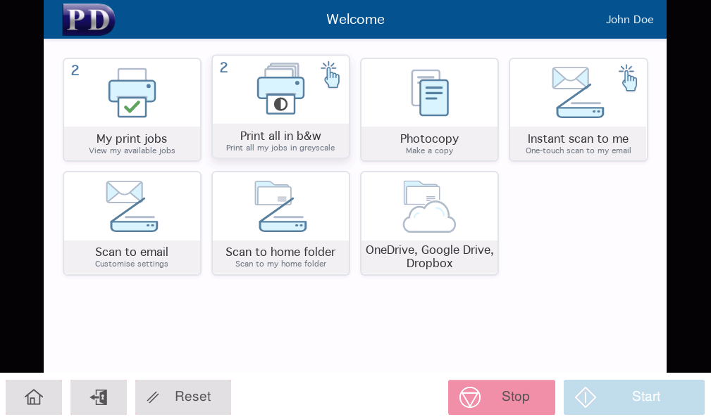The Print Director home screen on a printer panel, with print release, copy, scan and cloud workflow tiles in one grid.
