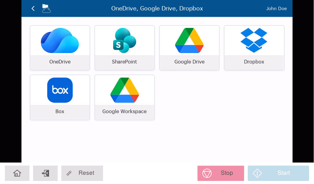 Cloud provider tiles on the printer panel: OneDrive, SharePoint, Google Drive, Dropbox, Box and Google Workspace.