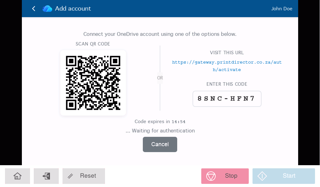 The printer panel shows a QR code to scan with your phone and sign in to your cloud provider.