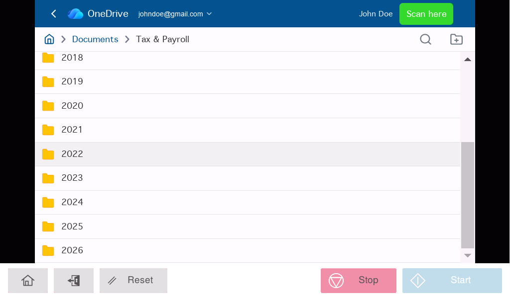Browsing OneDrive folders on the printer panel.