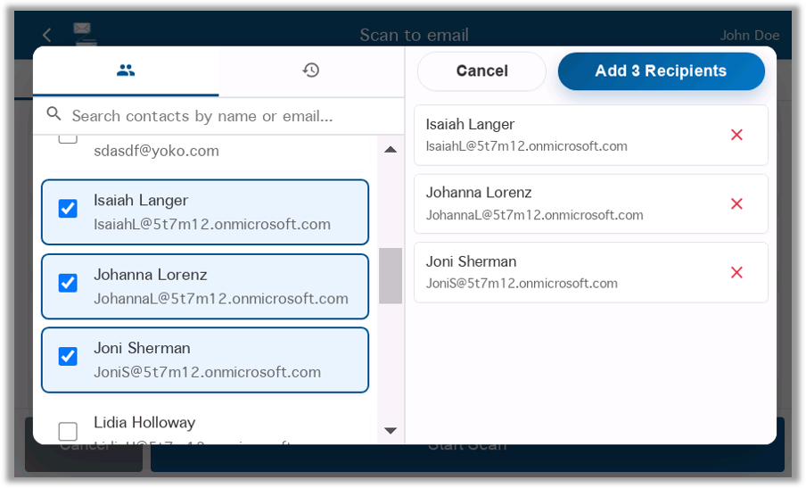Choosing email recipients from the address book on the printer panel.