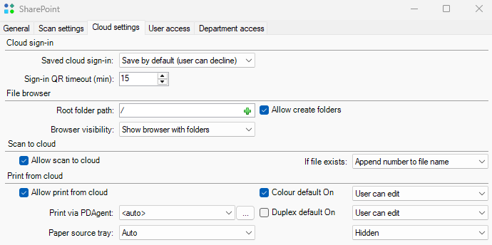 Cloud workflow settings in Print Director Resource Manager: destination folder, edit options, file naming and print defaults.