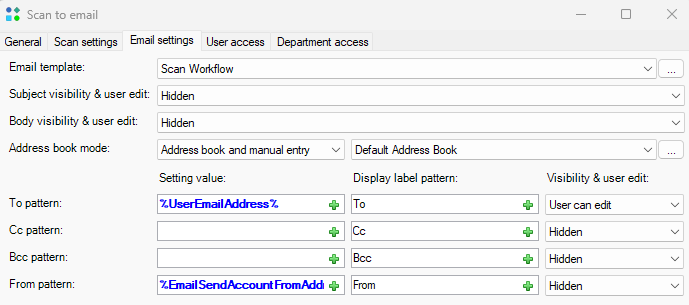 Scan-to-Email workflow settings in Print Director Resource Manager.