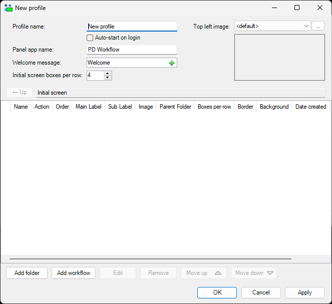The New profile dialog in Resource Manager, with the empty box grid and the Add folder / Add workflow buttons