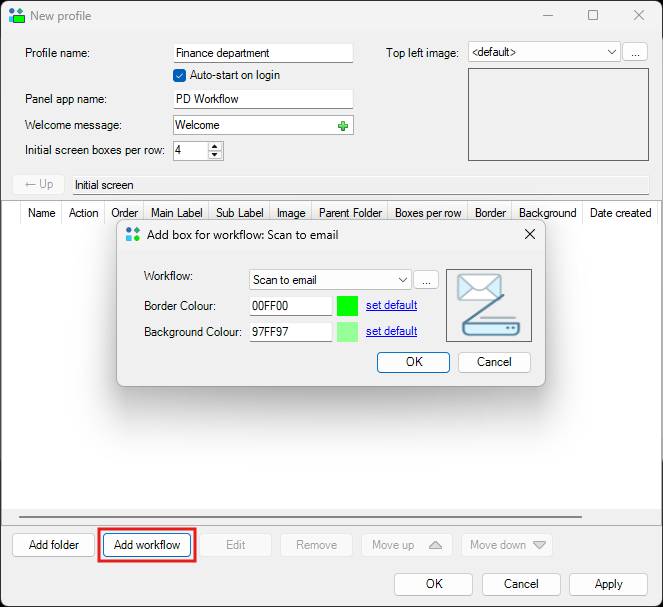 The Add box for workflow dialog, showing the workflow drop-down and border/background colour pickers