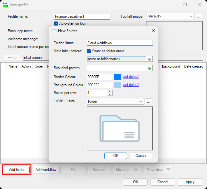 The New Folder dialog, showing the folder name, colours, boxes per row, and folder image