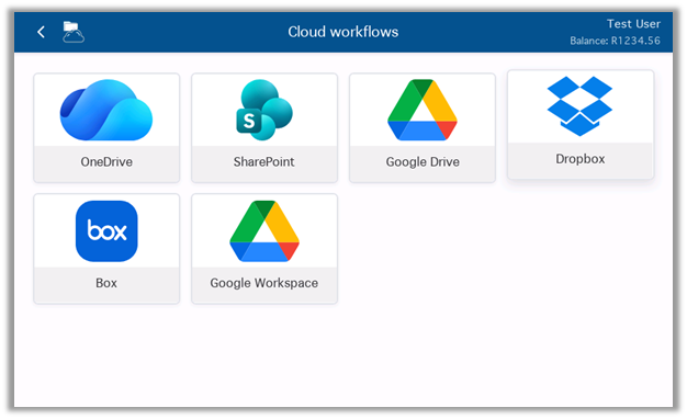 The Cloud workflows screen on the printer panel - one tile per provider