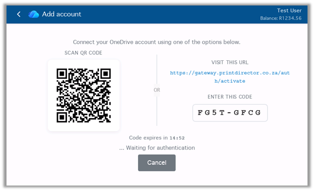 The panel showing a QR code and short code for connecting a cloud account