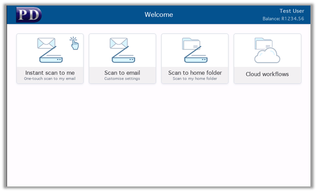 The PD Workflow home screen on the panel, showing the configured workflow tiles